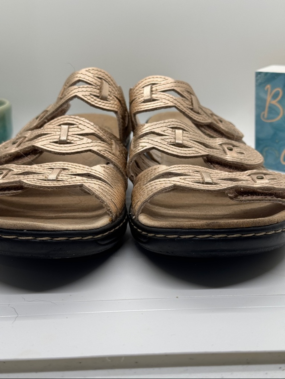 Clarks Gold / Rose Gold Braided Multi-Strap Slide Sandals - Picture 10 of 10